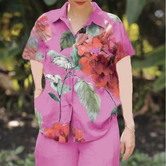 Picture of Amazon Spring and Summer plus size Loose chubby girl Elegant Casual Stylist Age-reducing Printed Shirt with Short Sleeve Lel
