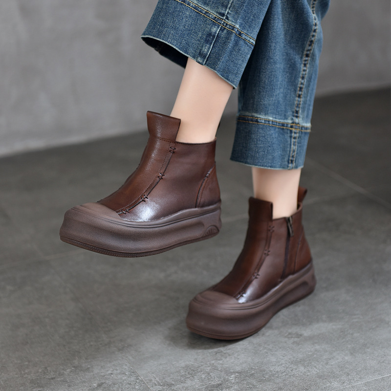 Simple All-Match Thick Bottom Leather Short Boots Women's Side Zipper Single Boots Autumn and Winter Vintage Casual fleece-lined Cotton Boots