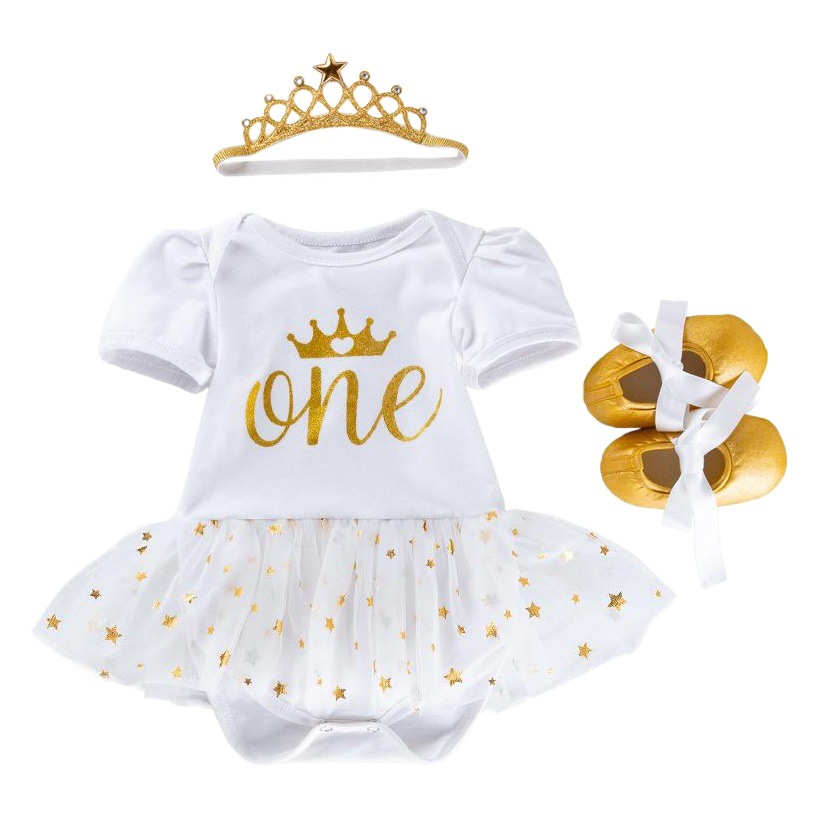 Amazon Children's Clothing Children's Dress Baby's Holiday White Dress Three-Piece Set Baby One-Year-Old Dress Pouchsuit Set