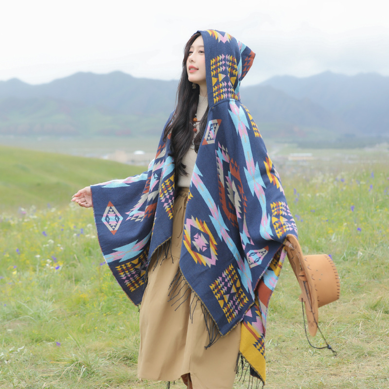 Picture of Spring Casual All-match Distinctive Ethnic Style Tassel Scarf Holiday Play Fashion Comfortable Warm Hooded Cape