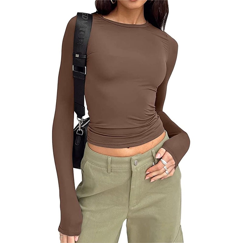 Women's Casual Tops T-Shirt Streetwear Slim Fit Long Sleeve European and American Style Pullover Solid Color for Spring and Autumn