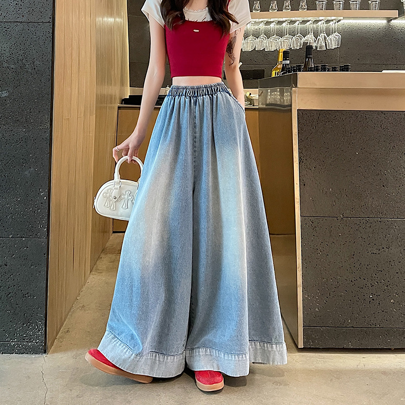 Real Shot of Spring Curled Retro Straight Jeans for Women, American Style Loose Design, Floor-Length Wide-Leg Pants and Skirts for Women