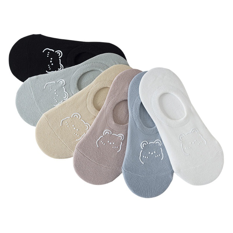 Cotton Invisible Socks Women's Shallow-mouth Boat Socks Cute Cartoon Bear Hot Stamping Summer Thin Solid Color Silicone Non-slip Socks