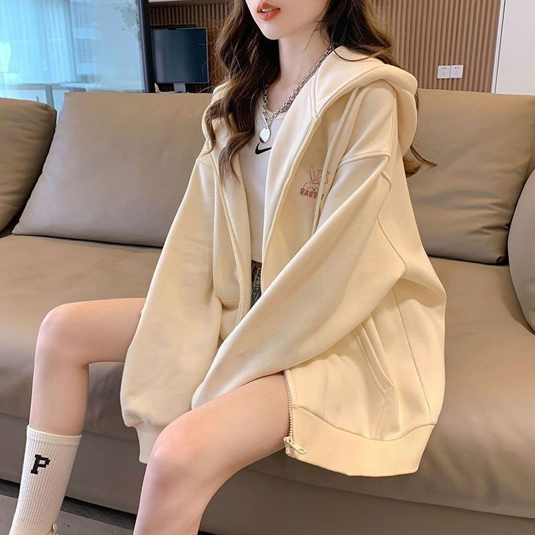 Picture of Embroidered hooded sweater women's autumn and winter fleece-lined thickened loose plus size college style casual hooded sweater cardigan coat