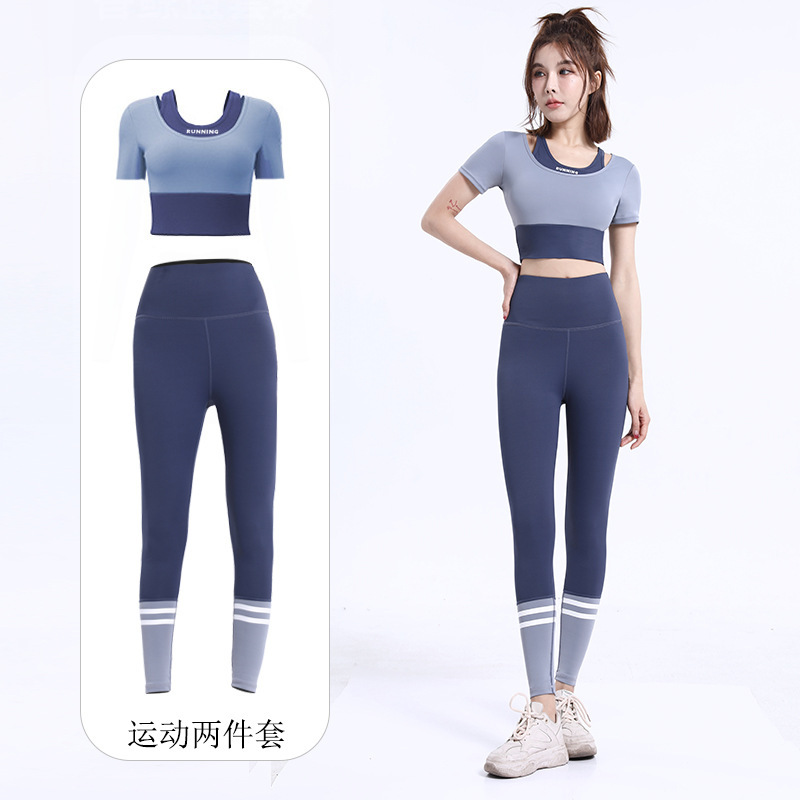 Stitching Contrast Color Yoga Clothing suit Women's Spring and Autumn Navel-exposed Short-sleeved suit High Waist Hip-lifting Running Fitness suit