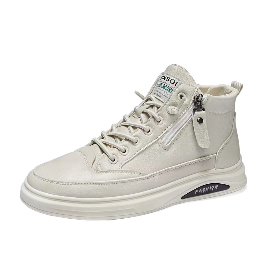Autumn New Trendy High-Top Casual Shoes Men's Side Zipper Sneakers Korean Style Versatile Student Mid-Top Leather Boots