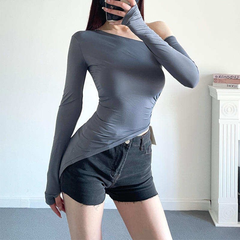(40 modal 260g rayon) shoulder asymmetric pleated Sexy Slim-fit slimming bottoming shirt T-shirt