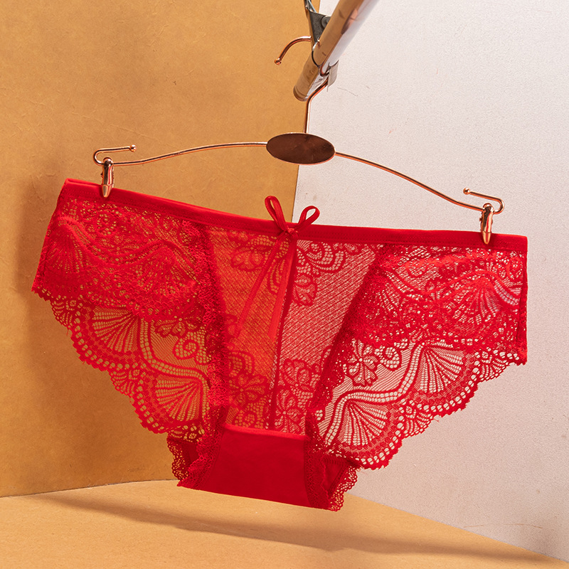 Big Red Hollow-out Lace Underwear Mesh Underwear Women's Low Waist High Elastic Pin-fit Cotton Crotch Briefs Women