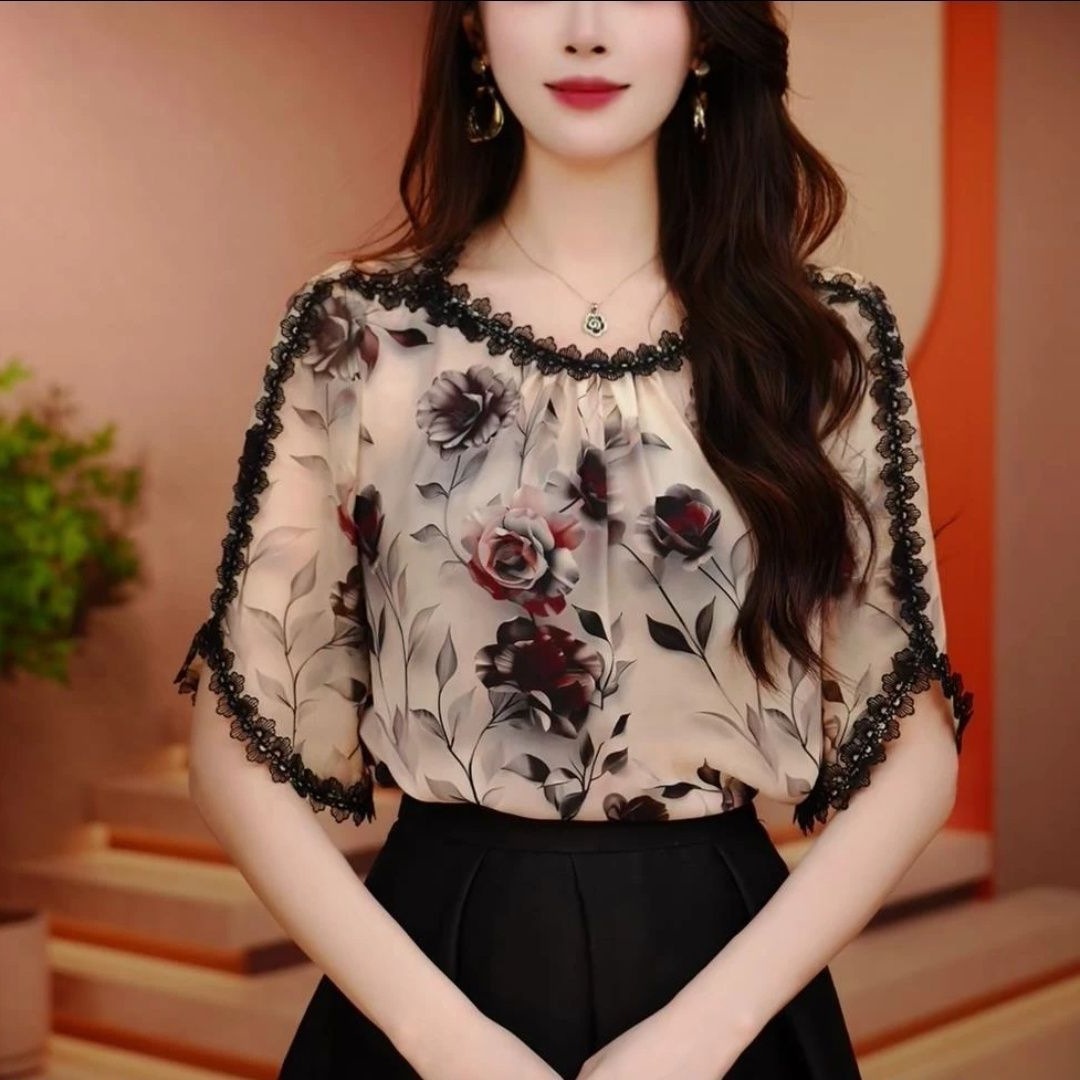 Fashion Elegant Design All-match Lace 2024 Summer Loose Short-sleeved Slimming Stylish Shirt Lace Top