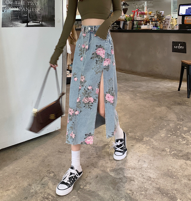 Design Sense Side Slit Denim Skirt Women's plus size chubby girl High Waist Slimming Floral Long Hip Skirt