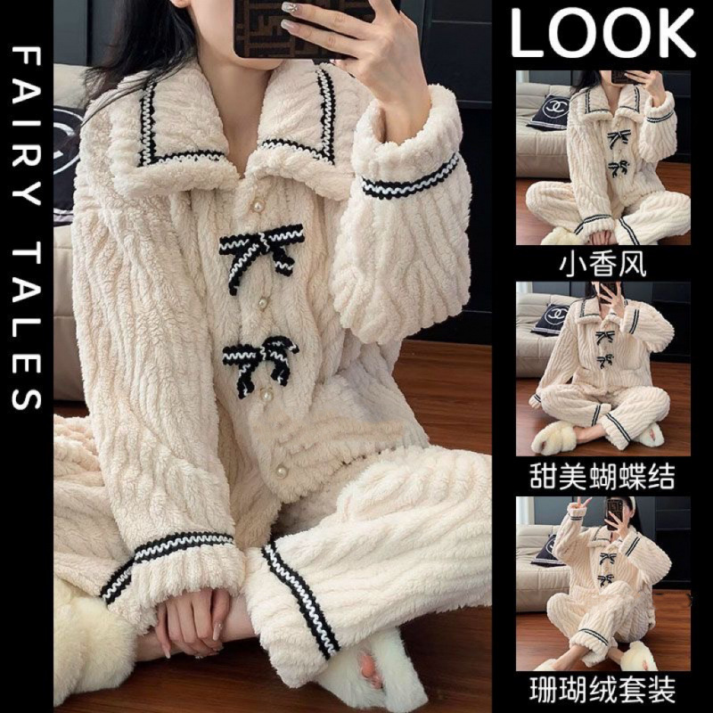 Large quantity discount small fragrant style pajamas women's winter fleece-lined thickened bow warm coral fleece home clothing suit