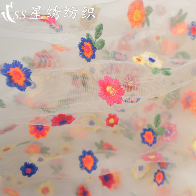 Spot Fashionable New Nylon Mesh Colorfulful Flower Embroider Fabric Women's Clothing Children's Clothing Cute Style Skirt Fabric