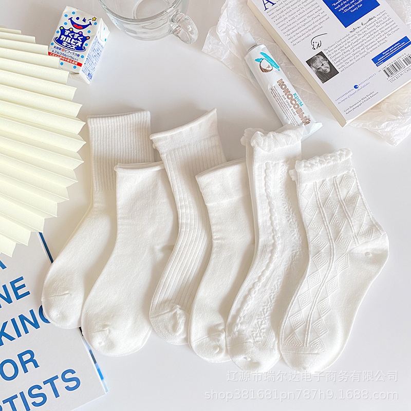 Rilda Pure White Socks Women's Mid-length Socks Cute Japanese Bubble Mouth Lace Stockings JK Uniform Lolita