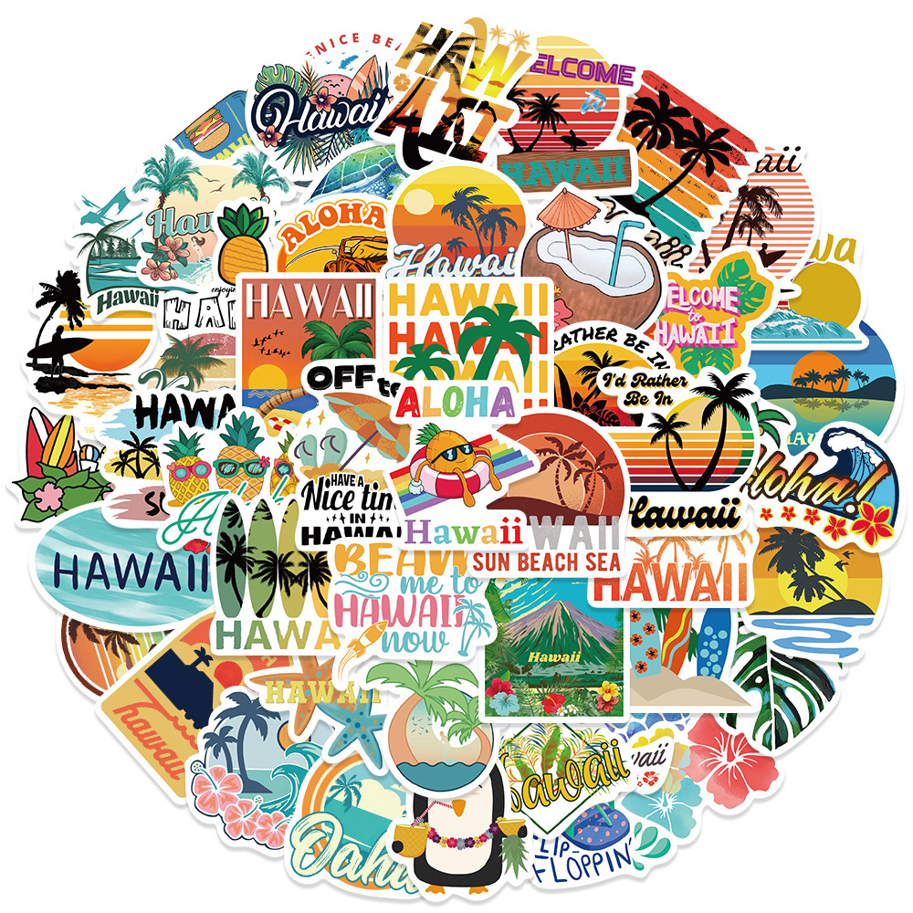 50 cross-border cartoon Hawaiian Hawaii stickers waterproof coconut tree summer surfing decoration luggage hand account stickers