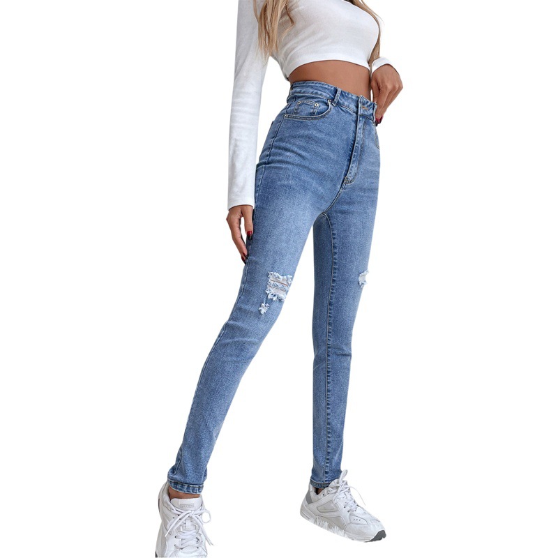 Pre-Sale-1087241 # Amazon Cross-Border Women's Clothing European and American Fashion Elastic Mid-Waist Slim-Fit Skinny Jeans