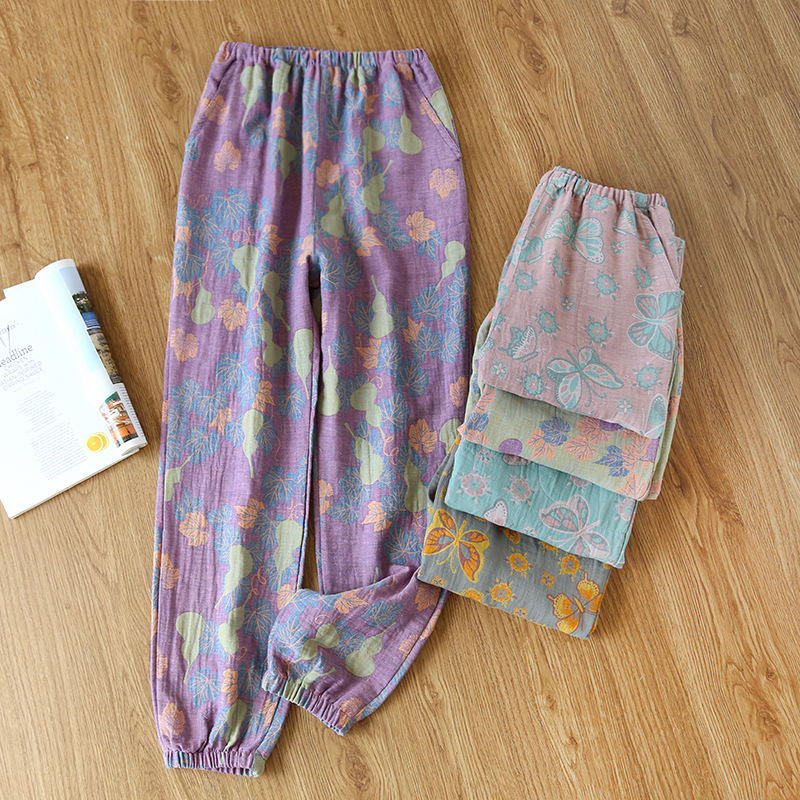 Yarn-dyed closed pajama pants women's four seasons thin with side pockets can be worn outside ancient simple home wear cotton double-layer jacquard trousers