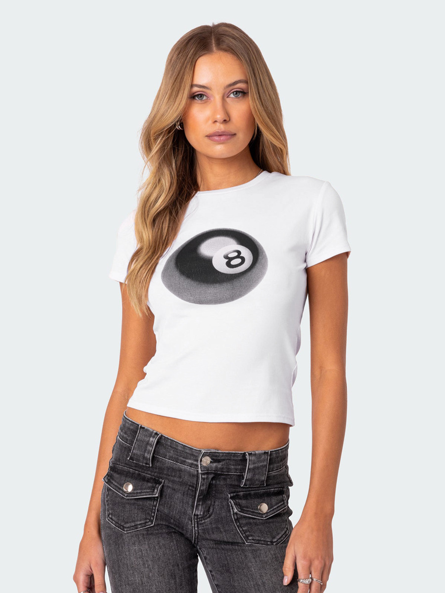 Wish Amazon 2024 Spring/Summer European and American Simple Fashion No.8 Ball Printed Navel T-shirt Slim Fit Top