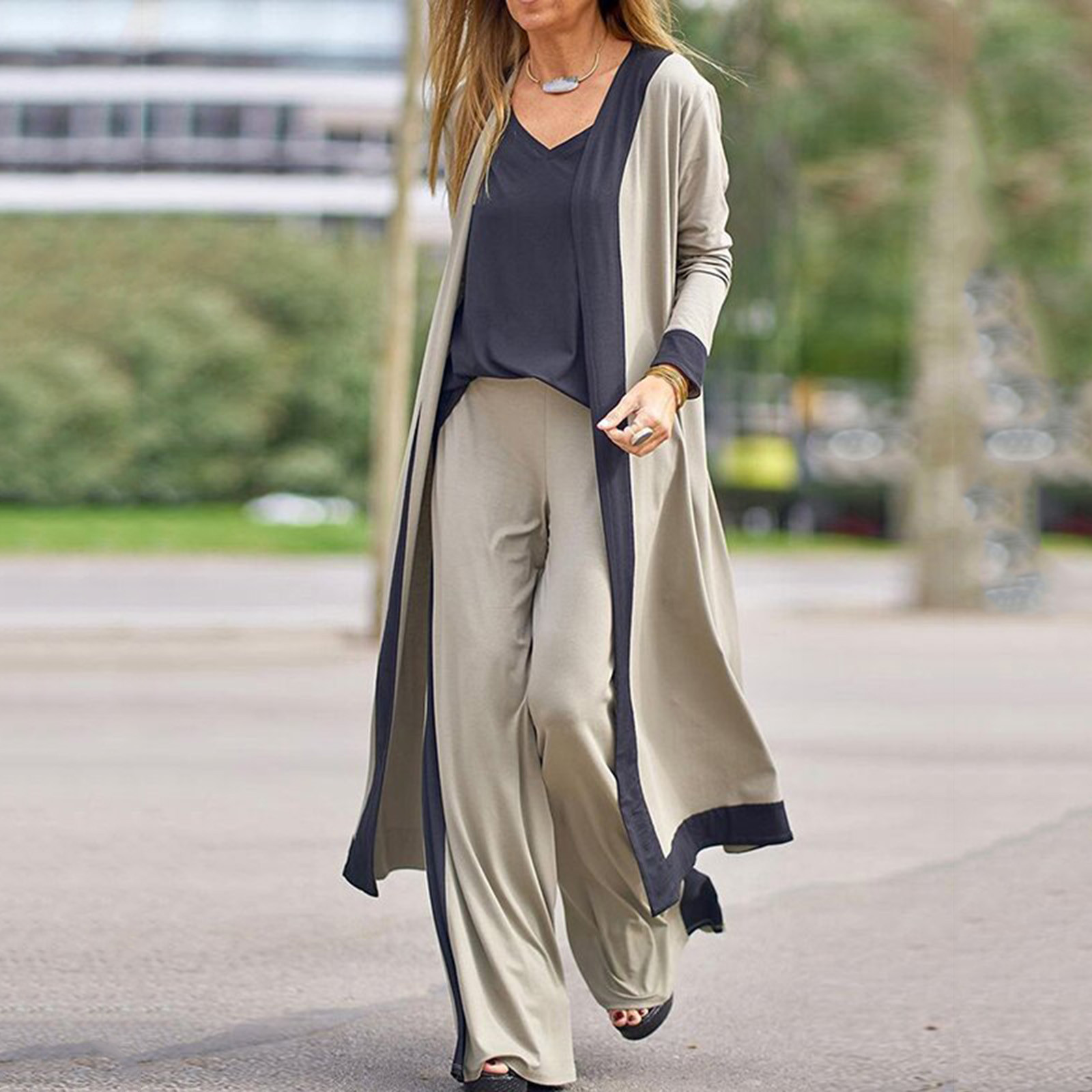 Picture of Casual Solid Color Stitching Contrast Color Sleeveless Vest Long Sleeve Cardigan Jacket Pants Three-Piece Set