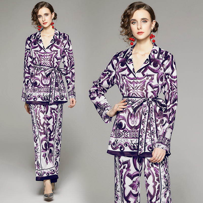 Plus Size Casual Suit in Stock, Real Shot, New Purple Fashion Suit, Suit Collar Printed Shirt Two-Piece Set