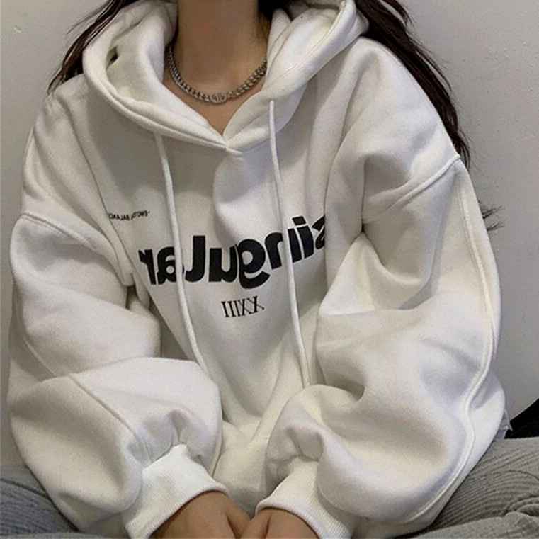 Autumn and Winter New Hooded Fleece-lined Sweater Women's Korean-style Academy-style Coat ins Printed Letter Large Size Loose Coat