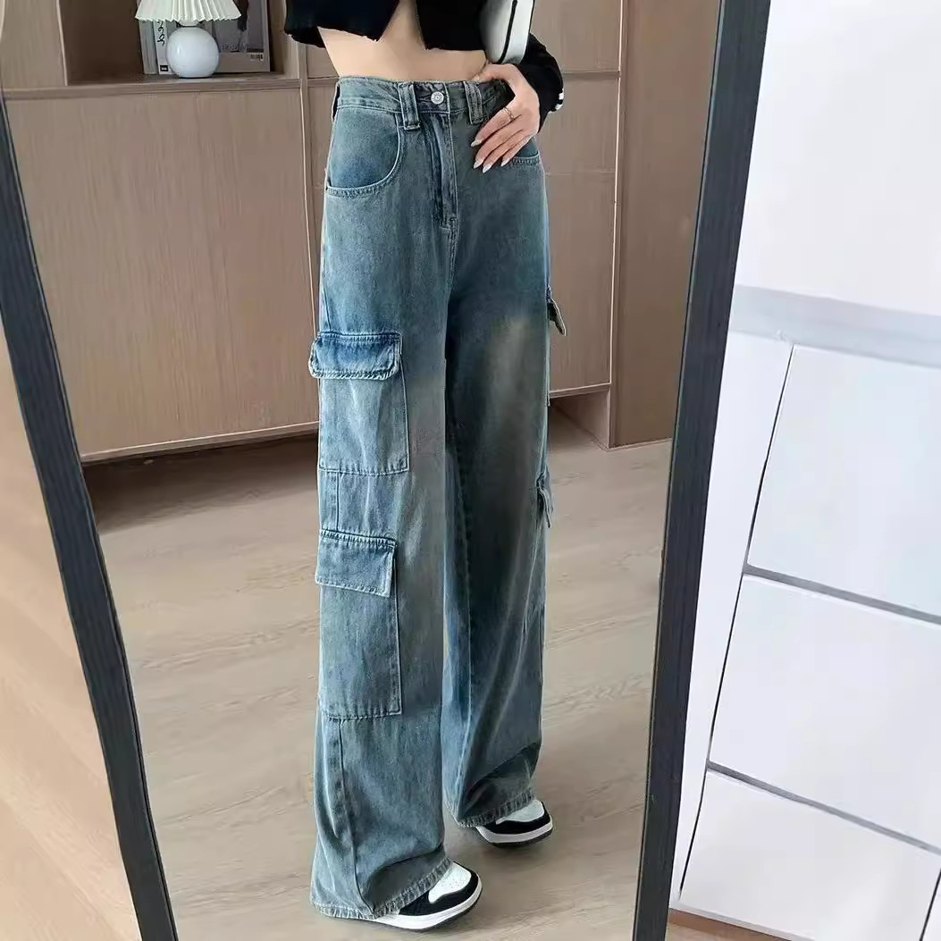 American-style High Street Retro Wide Leg Tooling Jeans Women's Autumn Hot Girl Design Sense Loose Straight Casual Long Pants