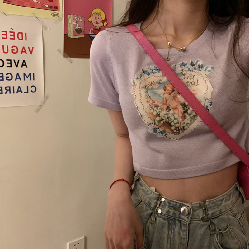 Short-sleeved T-shirt Women's 2025 Summer New Korean-style Slim-fit High Waist Navel Student Short Top Trendy Foreign Trade Women's Clothing