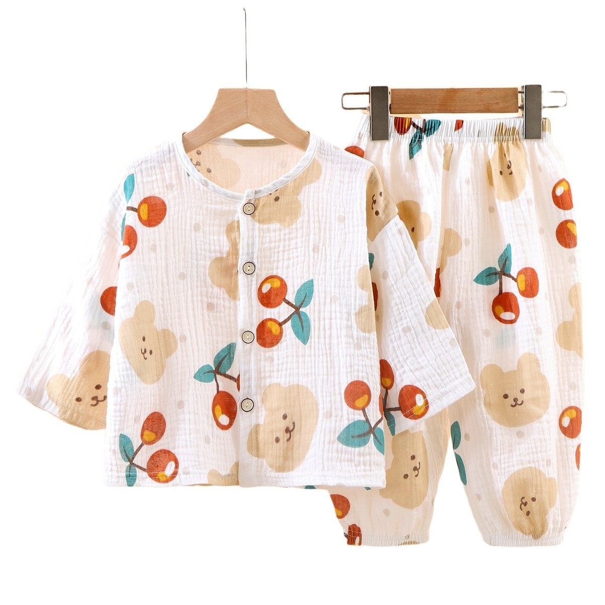 Picture of New Kidsren's Thin Double-Layer Pure Cotton Gauze Pajamas Summer Baby Home Clothes Boys and Girls Long-Sleeved Spring & Fall Suits