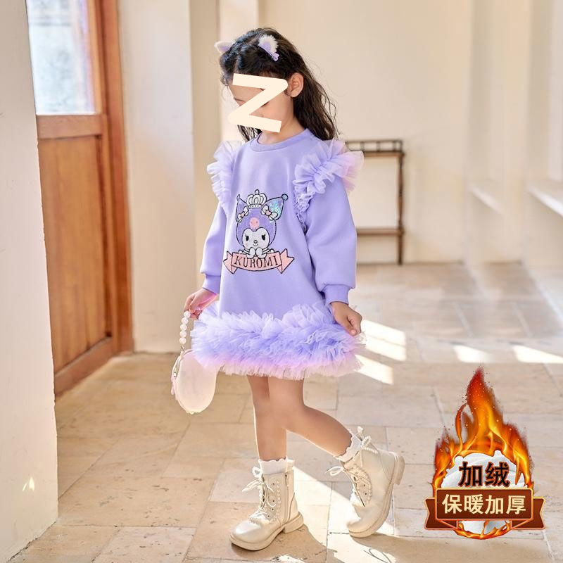 Picture of Girls' Autumn and Winter New fleece-lined dress 2024 New Middle and Large Children's Cartoon Mesh Stitching Western Style Mid-length Dress Trendy