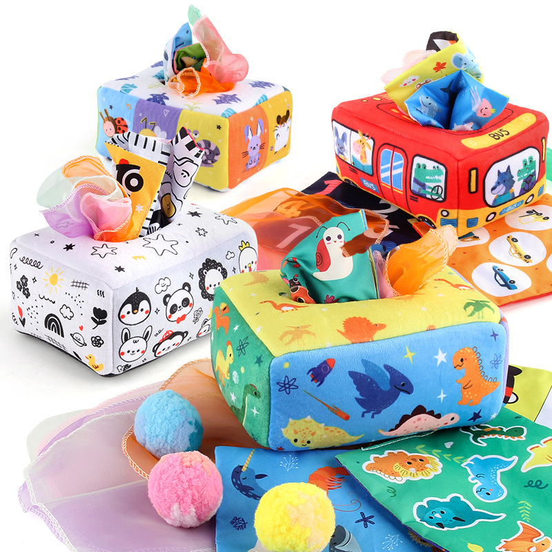 Infant educational early education cloth book toy simulation car animal tear-proof tissue box with pompom ringing paper cloth book