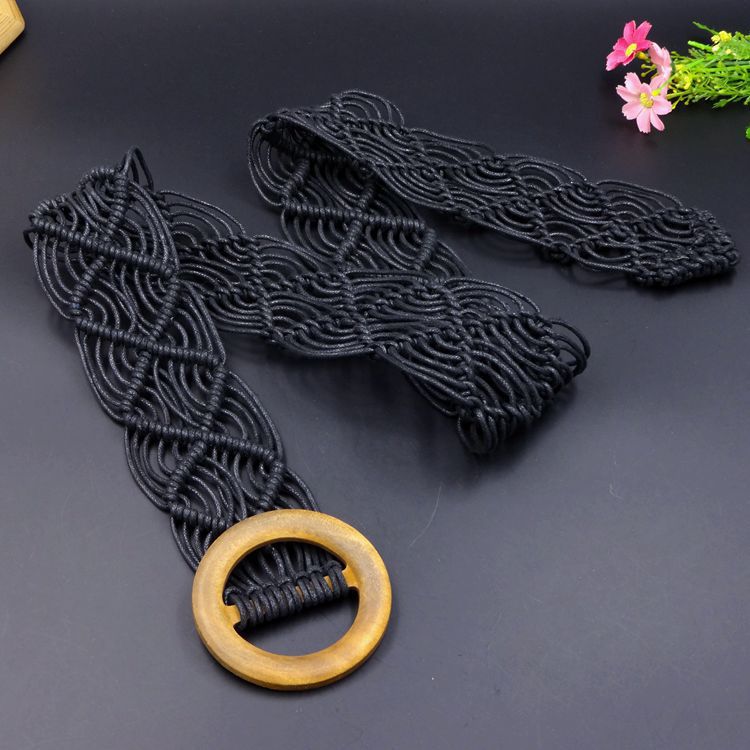 Cross-border wax rope wooden buckle hand-woven belt women's ethnic style retro fashion black belt in stock wholesale