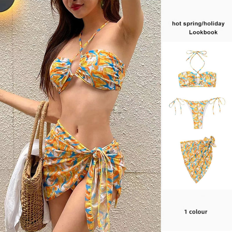 Swimsuit Women's 2024 New Ins Internet Popular Style Sexy Bikini Three-piece Set Split Strap Printed Spa Vacation