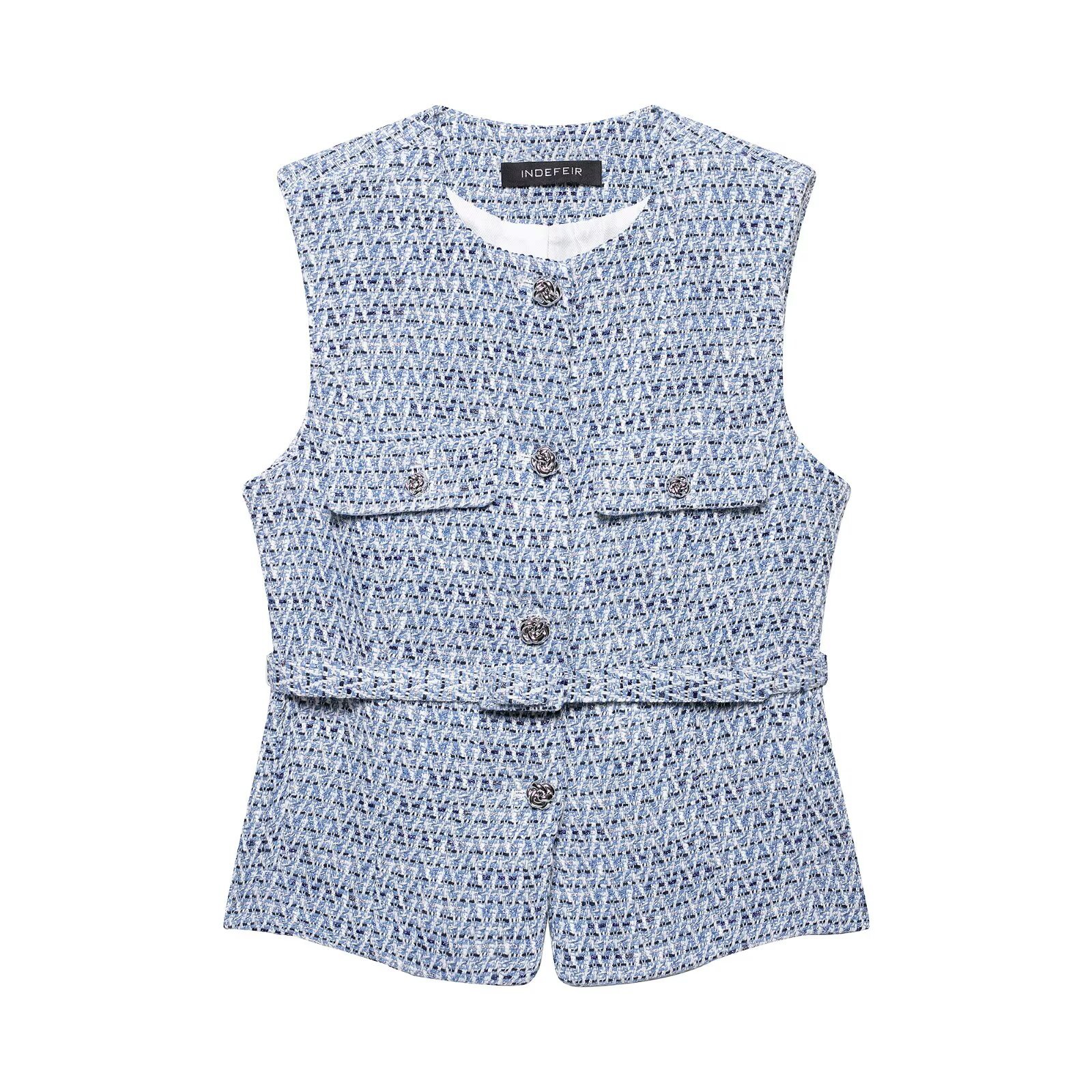 Picture of Women's Blue Woolen Fashion Textured Vest with Belt 2025 Spring New European and American Cross-Border Vest