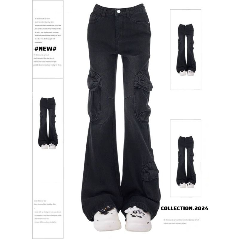American Style Retro Micro-Lara Workwear Jeans Women's Autumn and Winter New Style Spice Girl Multi-Pocket High Waist Slimming Straight Trendy Trendy Trousers