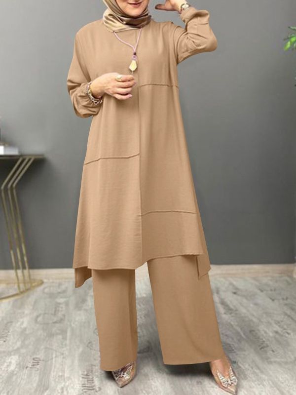 Muslim Women's Urban Sportswear Two-Piece Elegant Puff Sleeve Shirt Loose Fashionable Wide Leg Pants Suit