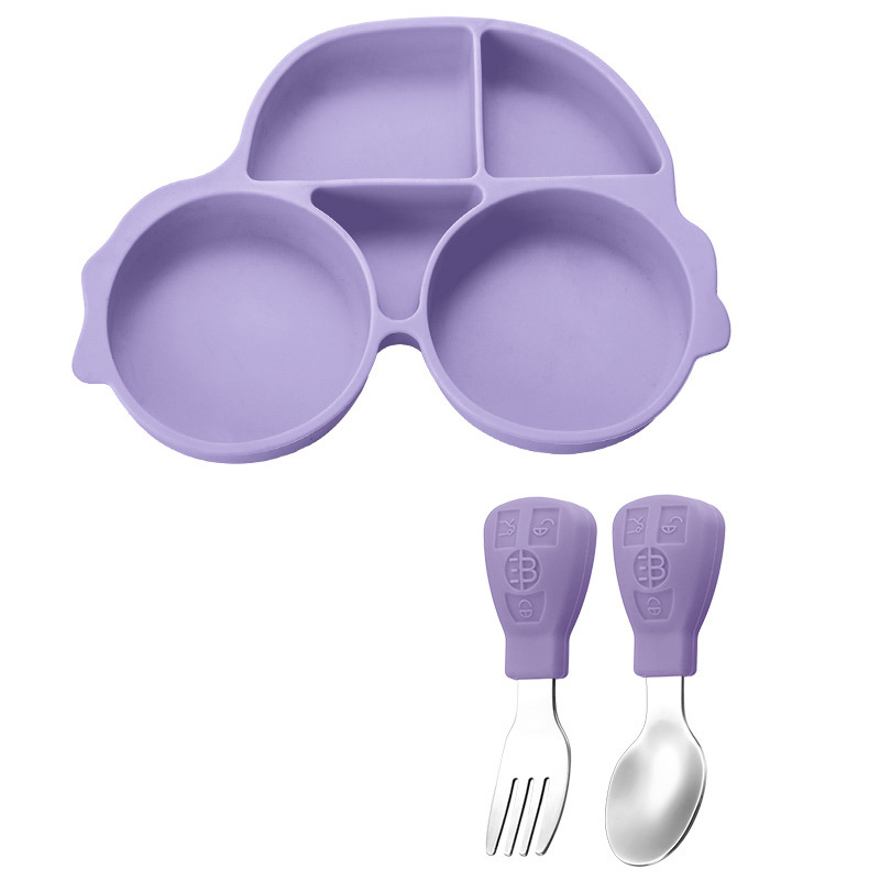 Picture of Amazon Cartoon Children's Car Silicone Dinner Plate 304 Stainless Steel Spoon Fork Gift Baby Learning Dining Tableware Set