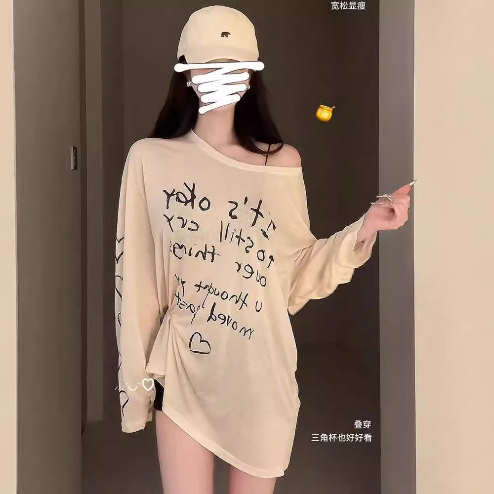 Lazy Style Letter Printing Long-sleeved T-shirt Women's Summer 2024 New Casual Loose Thin Sunscreen Blouse Top