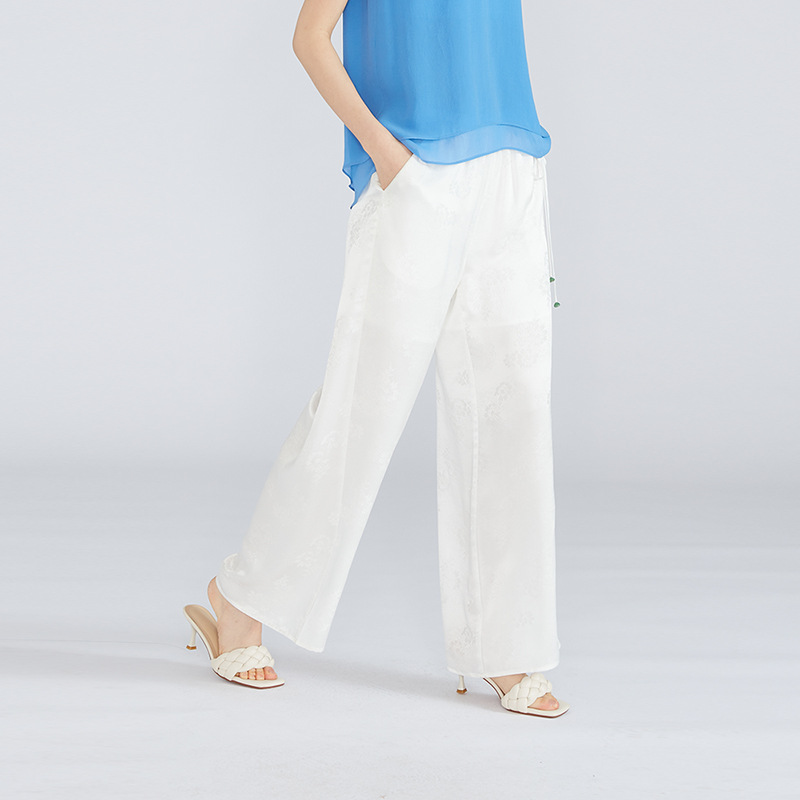 100% Mulberry Silk Floral Jacquard Wide-Leg Pants with Elastic Waist and Drawstring, Straight-Leg Silk Casual Long Pants