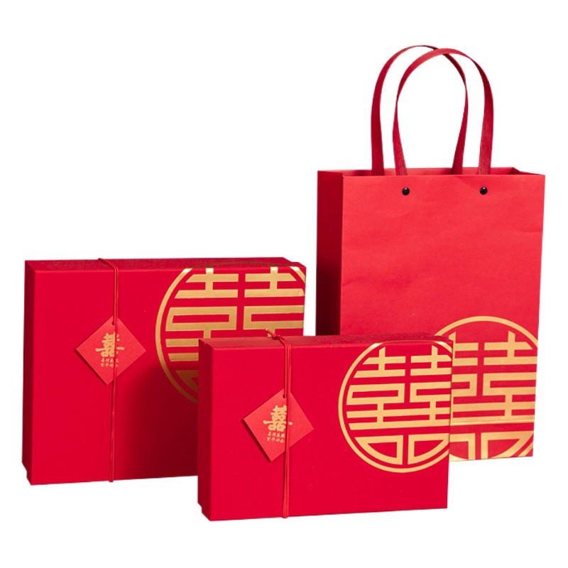 Wedding Candy Gift Box Packaging Box with Lid, Chinese-Style Large Red "Double Happiness" Wedding Candy Box with Handbag and Cake Box