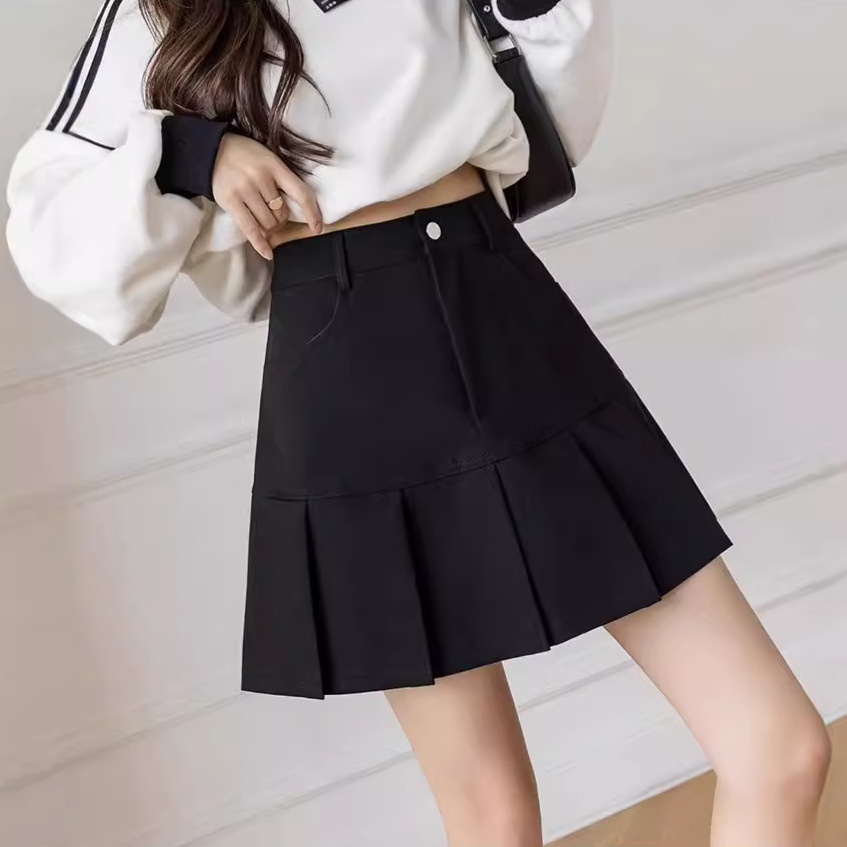 Black High Waist Half Skirt Women's 2024 New Arrival Small Pleated Skirt A- Word All-Match Slimming Spring and Autumn
