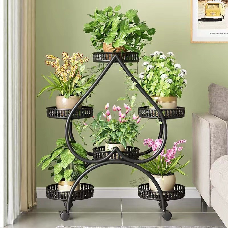 Flower rack living room floor-standing movable wheeled pothos flower pot rack wrought iron multi-storey balcony flower stand home flooring
