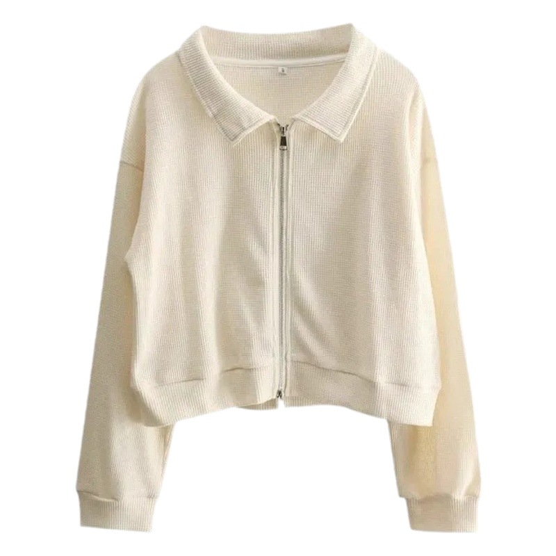 Zipper Sweatshirt Coat Polo Collar Short Shoulder Top for Female Students Spring and Autumn New Loose Harajuku Style Ins Trendy