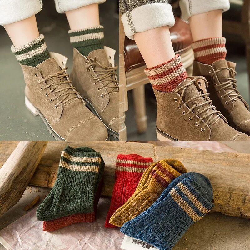 Double needle thick winter warm socks women's socks double needle turn mouth two bar wool socks in the tube socks wholesale