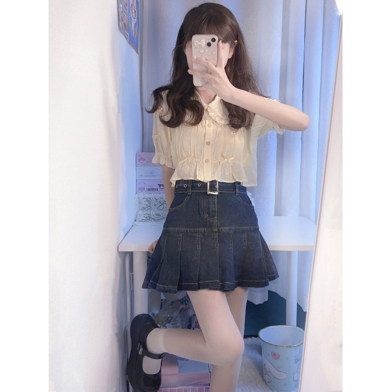 Vintage Pleated Denim Skirt Women's Summer 2024 New High Waist Loose Slimming Spice Girl A- line Hip Skirt