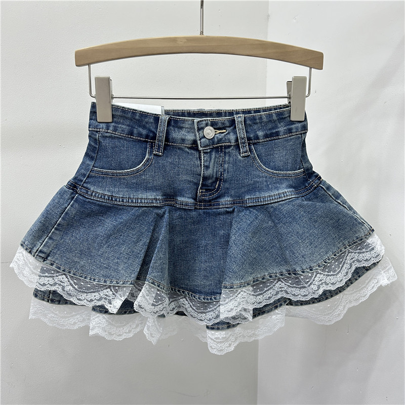 Lace Stretch Denim Short Culottes Women's 2024 Autumn Short High Waist Spice Girl A- shaped Puff Cake Skirt