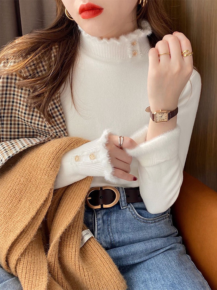 Picture of One-Piece Velvet Sweater for Women, Warm Inner Wear, 2024 Autumn and Winter Design, Western-Style Bottoming Shirt, Thick Velvet Half Turtleneck Top