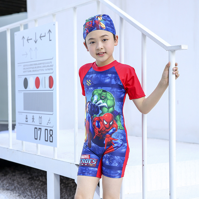Ruiyou new children's swimsuit R12 boys' cartoon half sleeve sun protection quick-drying one-piece surfing diving suit with swimming cap