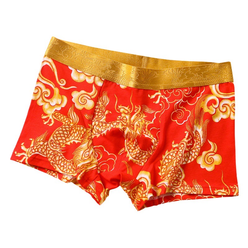 Benmingnian Underwear Men's Aggressive Red Underwear Boxers Youth Fashion Dragon Totem Boxers Red Trendy