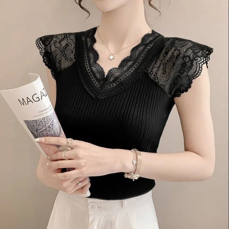 Lace Inner Camisole Women's New Outer Wear plus size V-neck Stretch Slim Base Shirt T-shirt Top for Summer