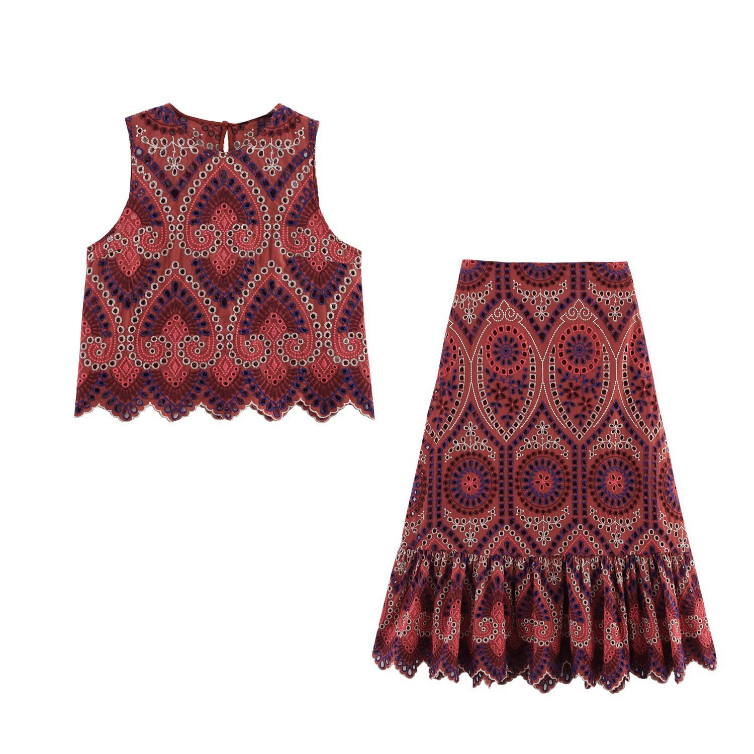 Za Cross-Border Women's Clothing Wholesale European and American Style Cut Out Embroidered Top + Skirt Suit 2939834 2986834