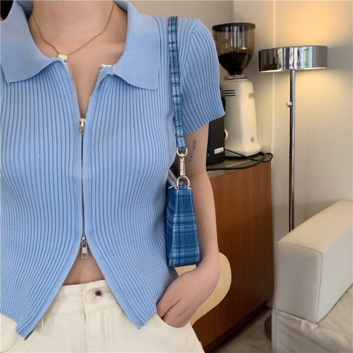 557# Good Quality Explosions Summer Retro Double Head Zipper Ice Silk Knitted Shirt Tight Waist Slimming Short Sleeve T-shirt Top
